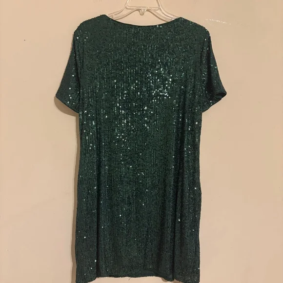 CeCe Emerald Green Sequin Godet Short Sleeve Shimmer Dress M - Picture 7 of 14